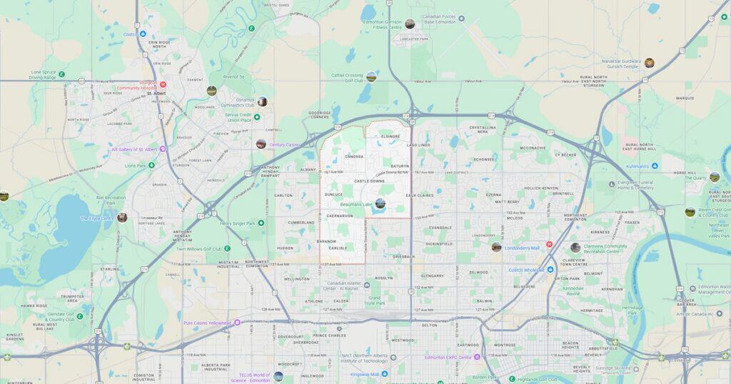 Detailed map showing city streets, highways, parks, lakes, and points of interest in the urban area.