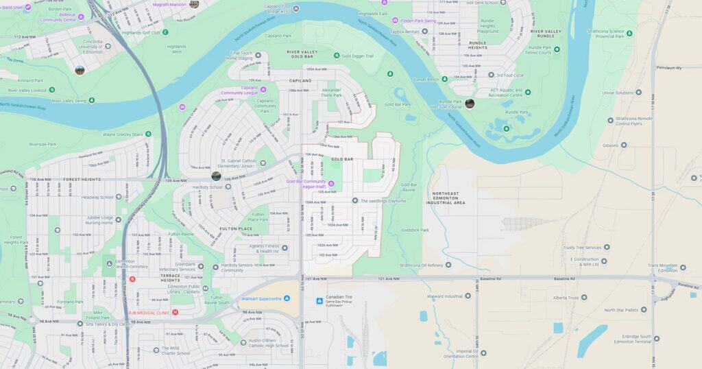 Detailed city map showing streets, parks, waterways, and landmarks for navigation and urban planning.