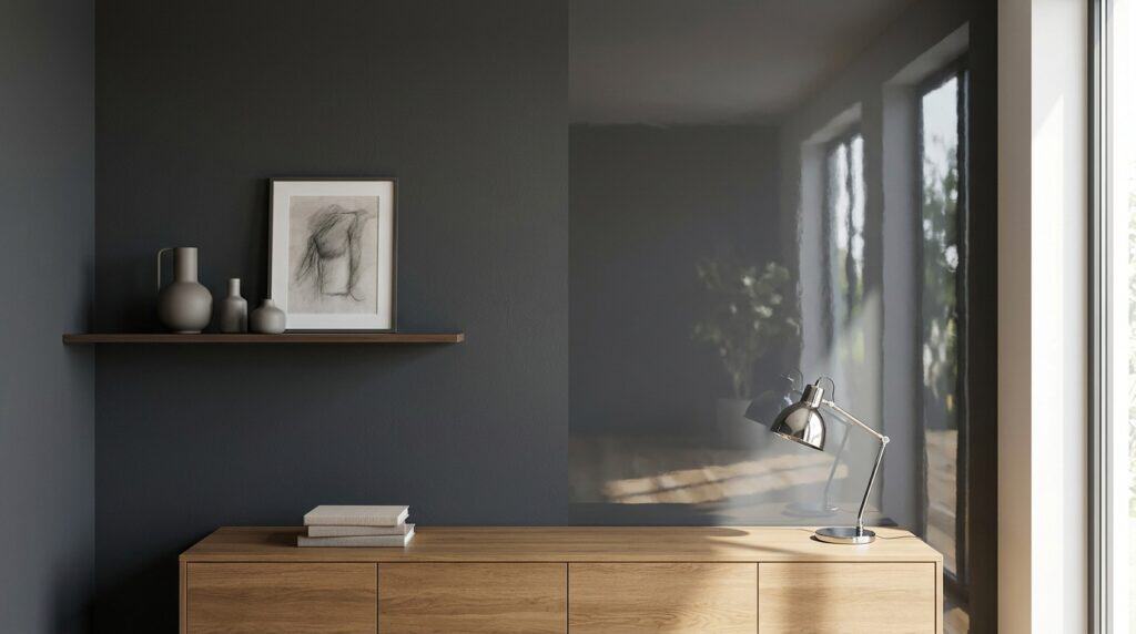 Bright modern interior with a wooden sideboard, decorative vases, and a framed artwork on a dark wall, illuminated by sunlight from large windows.
