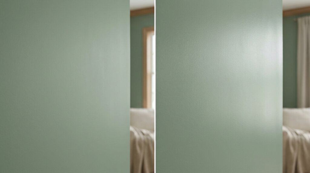 Close-up of a smooth, light green painted interior wall with sunlight streaming through a window in the background.