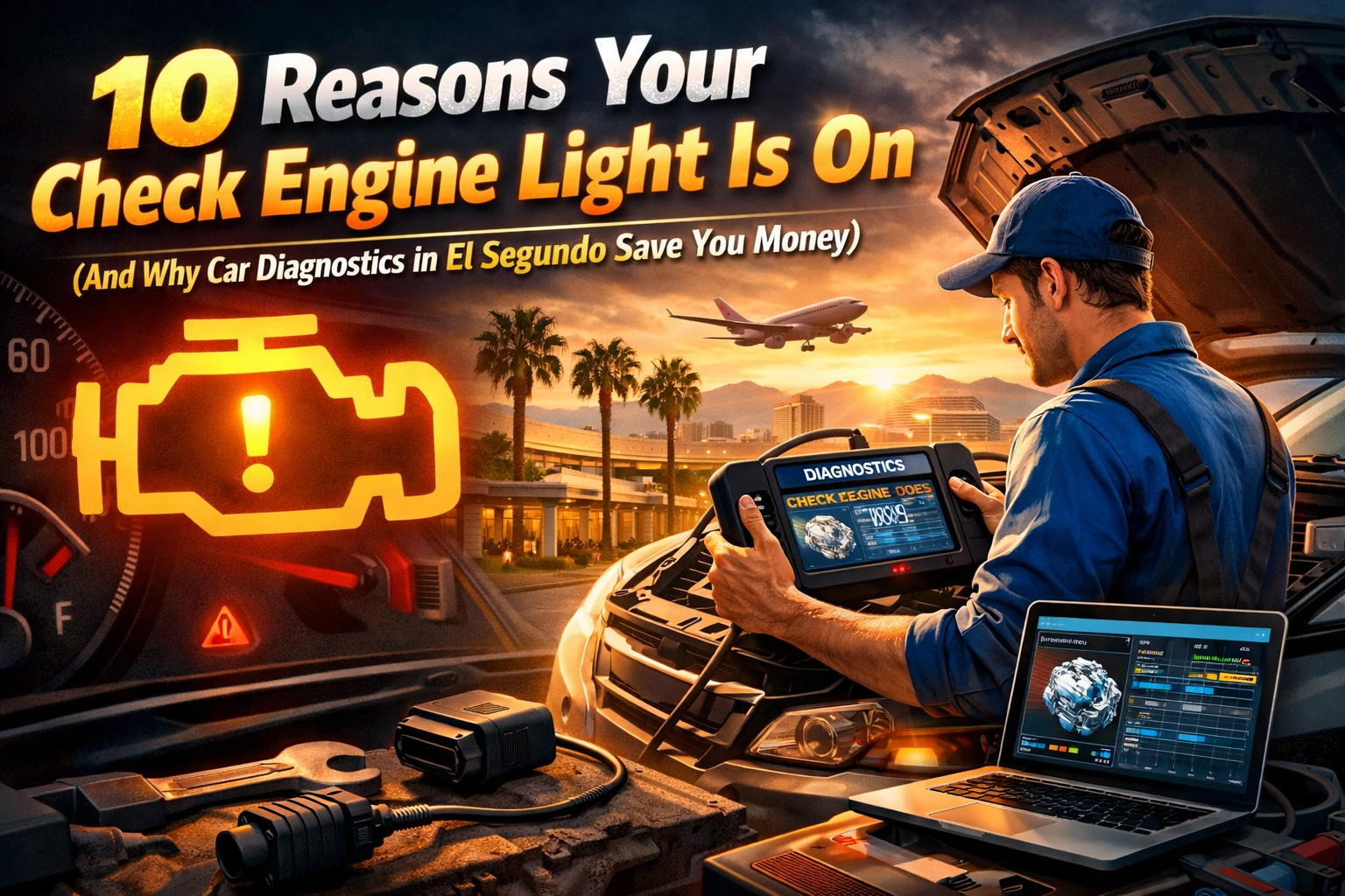 Technician diagnosing check engine light with diagnostic scanner at Pittstop Auto Care.