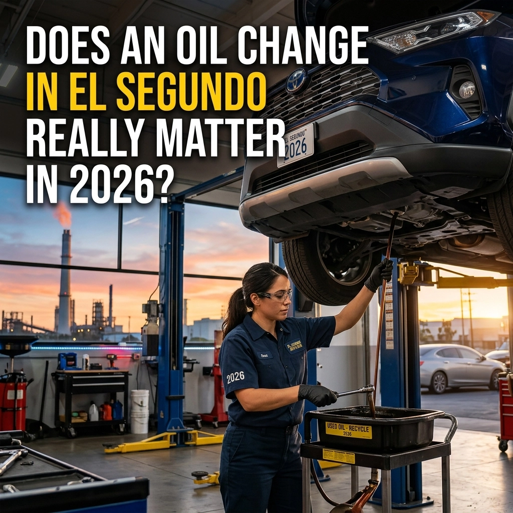 Skilled technician performing oil change on vehicle at Pittstop Auto Care, El Segundo.