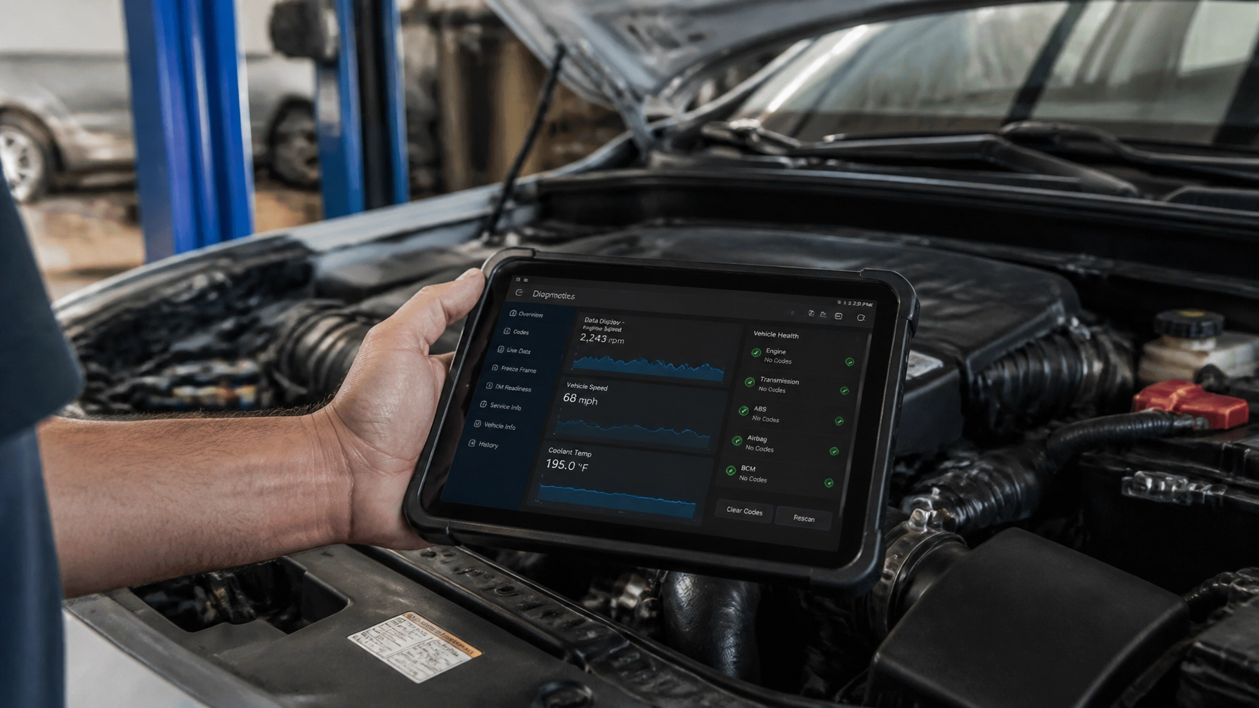 Auto diagnostics being performed with a tablet on a vehicle engine at Pittstop Auto Care.
