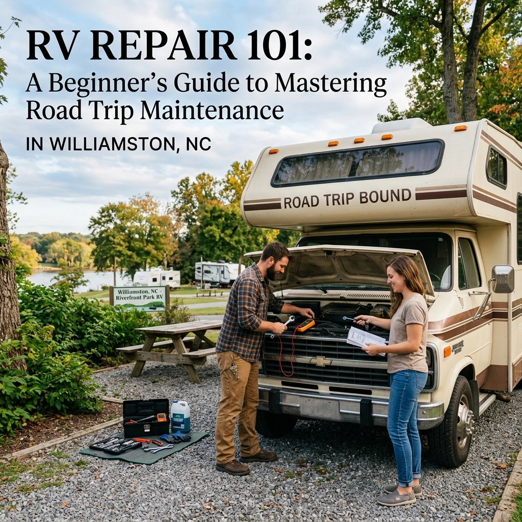 Technicians repairing an RV engine at Johnny’s Automotive in Williamston, NC.