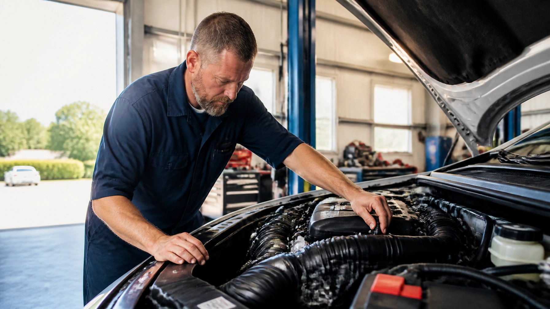 Mechanic inspecting car engine at Johnny's Automotive shop.