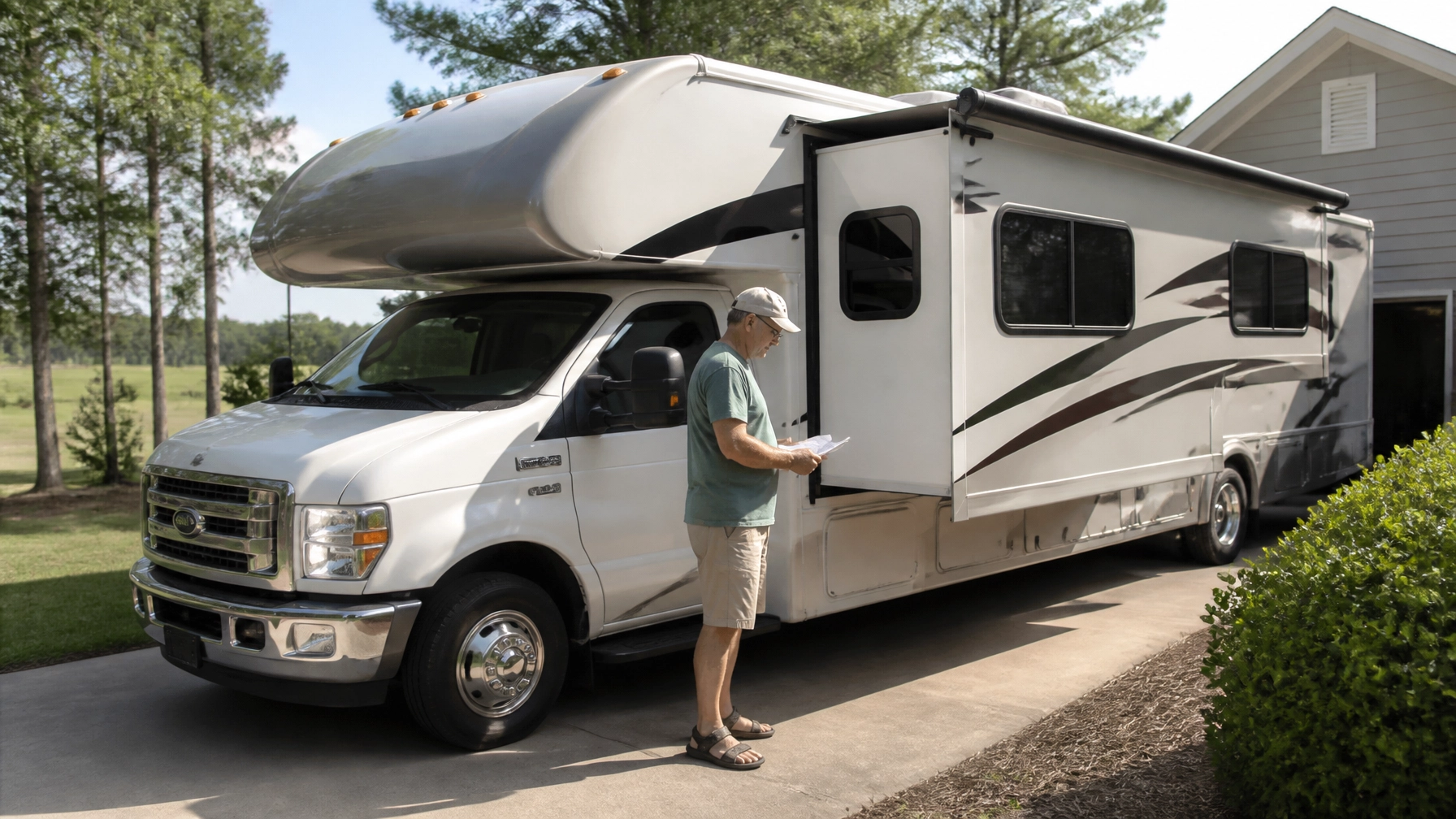 Technician inspecting a large RV at Johnny's Automotive.
