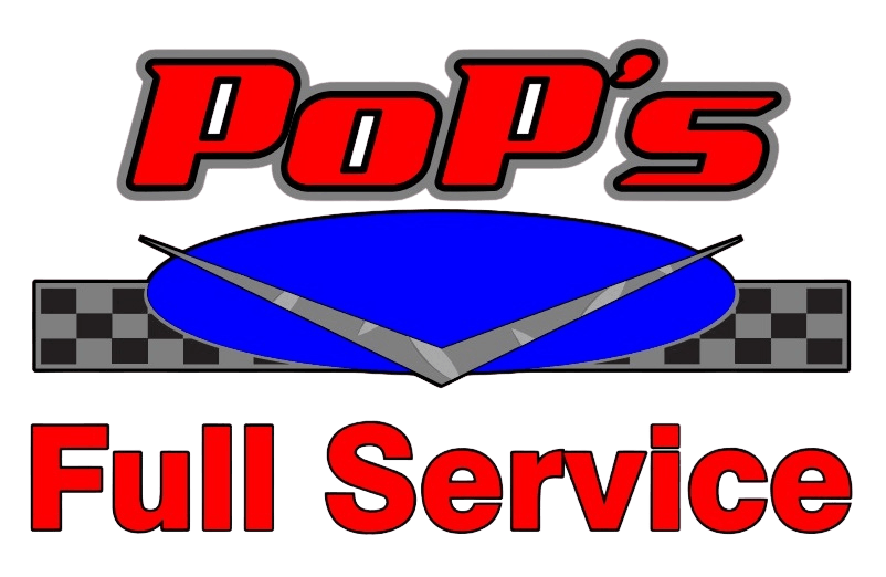 POPS FULL SERVICE auto repair shop logo with checkered background.