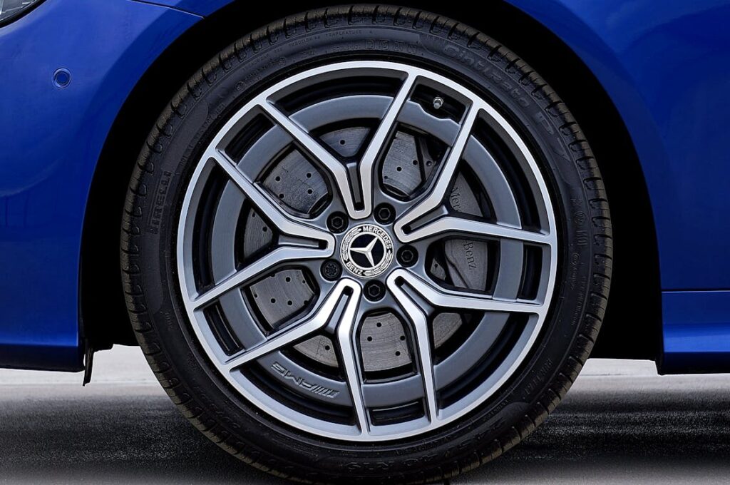 Close-up of a sleek, modern car wheel with alloy rim and tire.