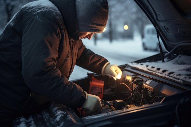 Technician inspecting engine during winter at Proformance Auto Repair.
