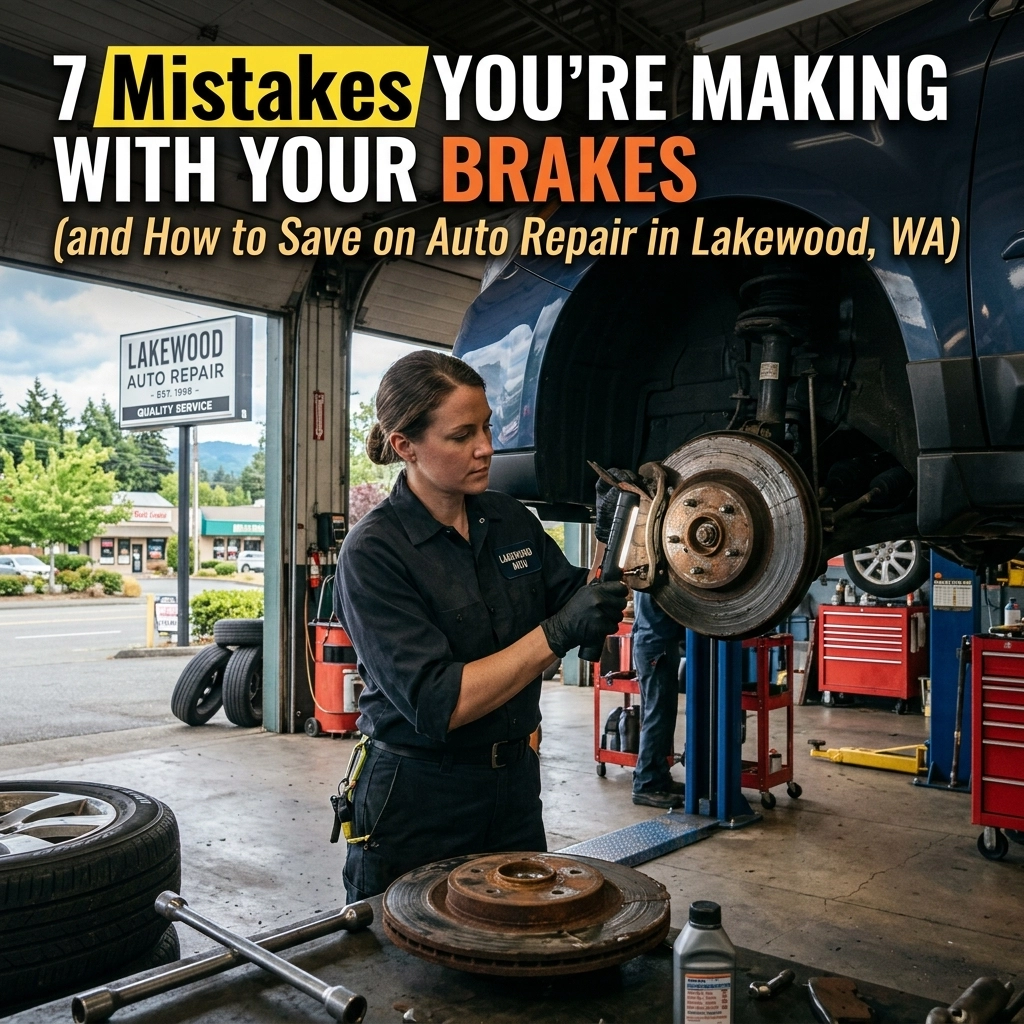 Auto mechanic inspecting brake system at Lakewood auto repair shop.