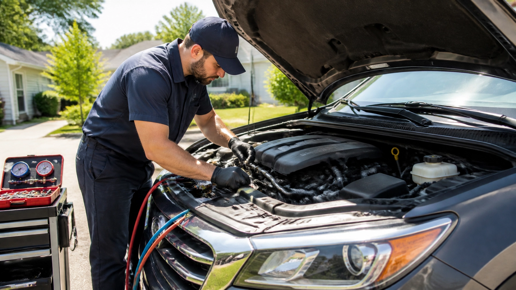 Auto repair technician inspecting engine under the hood of a car.