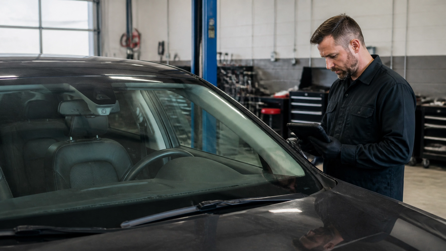 Auto repair technician checking vehicle with tablet in garage.