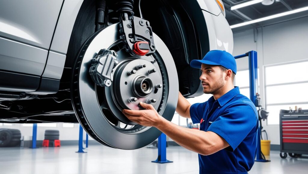 Auto mechanic inspecting car brake system at Qwik Oil & Auto Care.