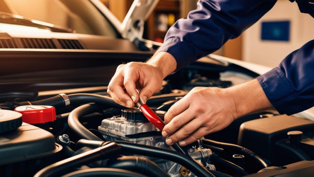 Auto mechanic inspecting engine for oil change or maintenance.