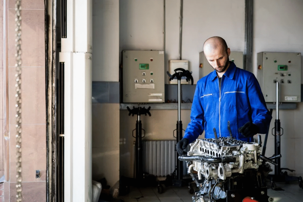 Auto mechanic inspecting engine components for brake pad wear and vehicle safety.