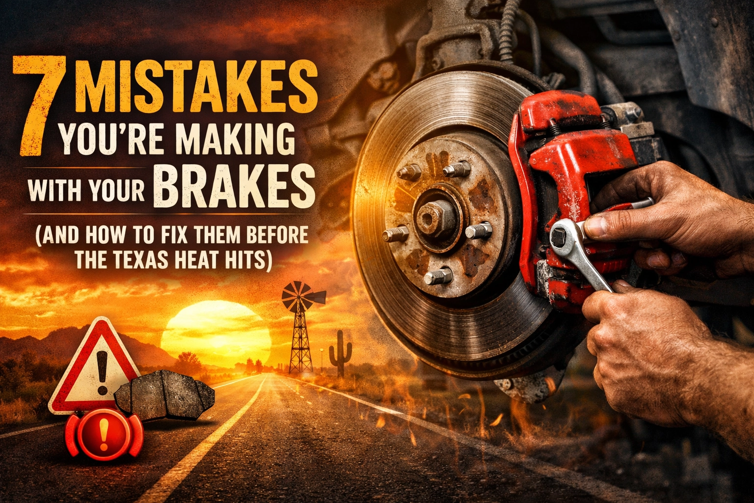 Close-up of a mechanic inspecting a car brake system with a wrench.