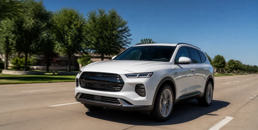 SUV driving on a clear road with green trees in the background.