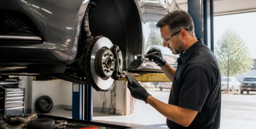 Auto mechanic inspecting car brake system at Qwik Oil & Auto Care.