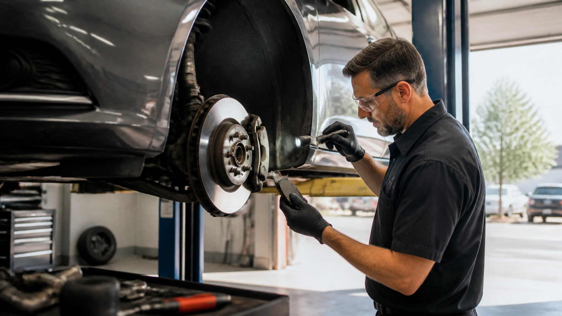 Auto mechanic inspecting car brake system at Qwik Oil & Auto Care.