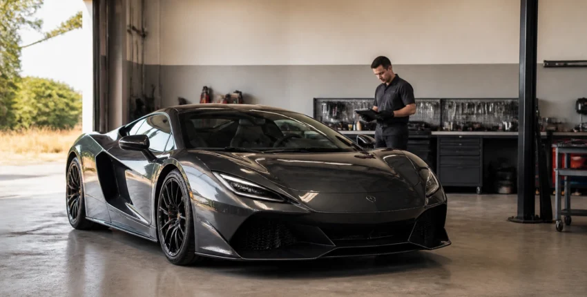 Black Lamborghini sports car inside auto repair shop with technician working.