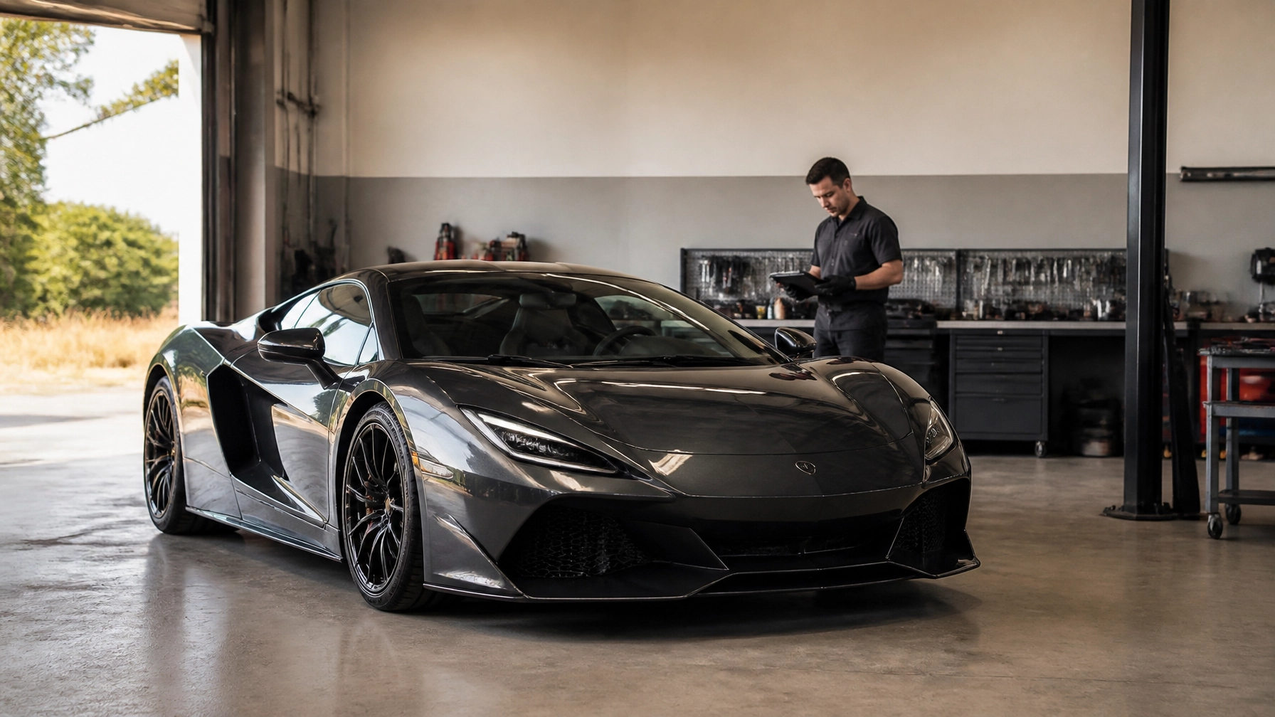 Black Lamborghini sports car inside auto repair shop with technician working.
