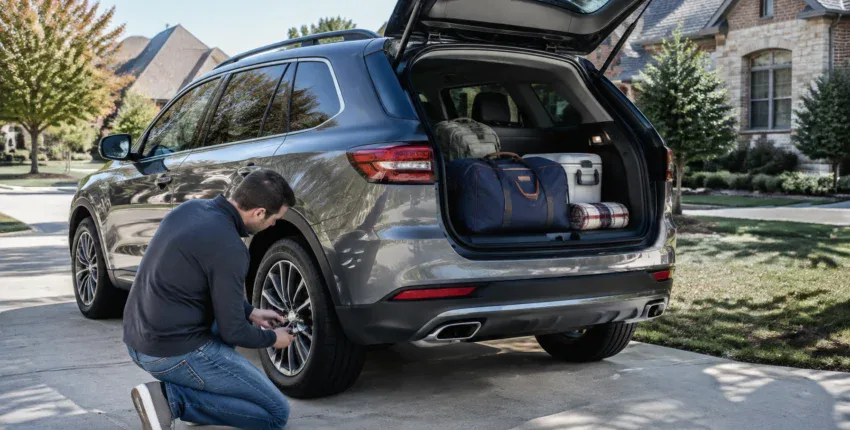 Man changing a car tire in a suburban neighborhood driveway.