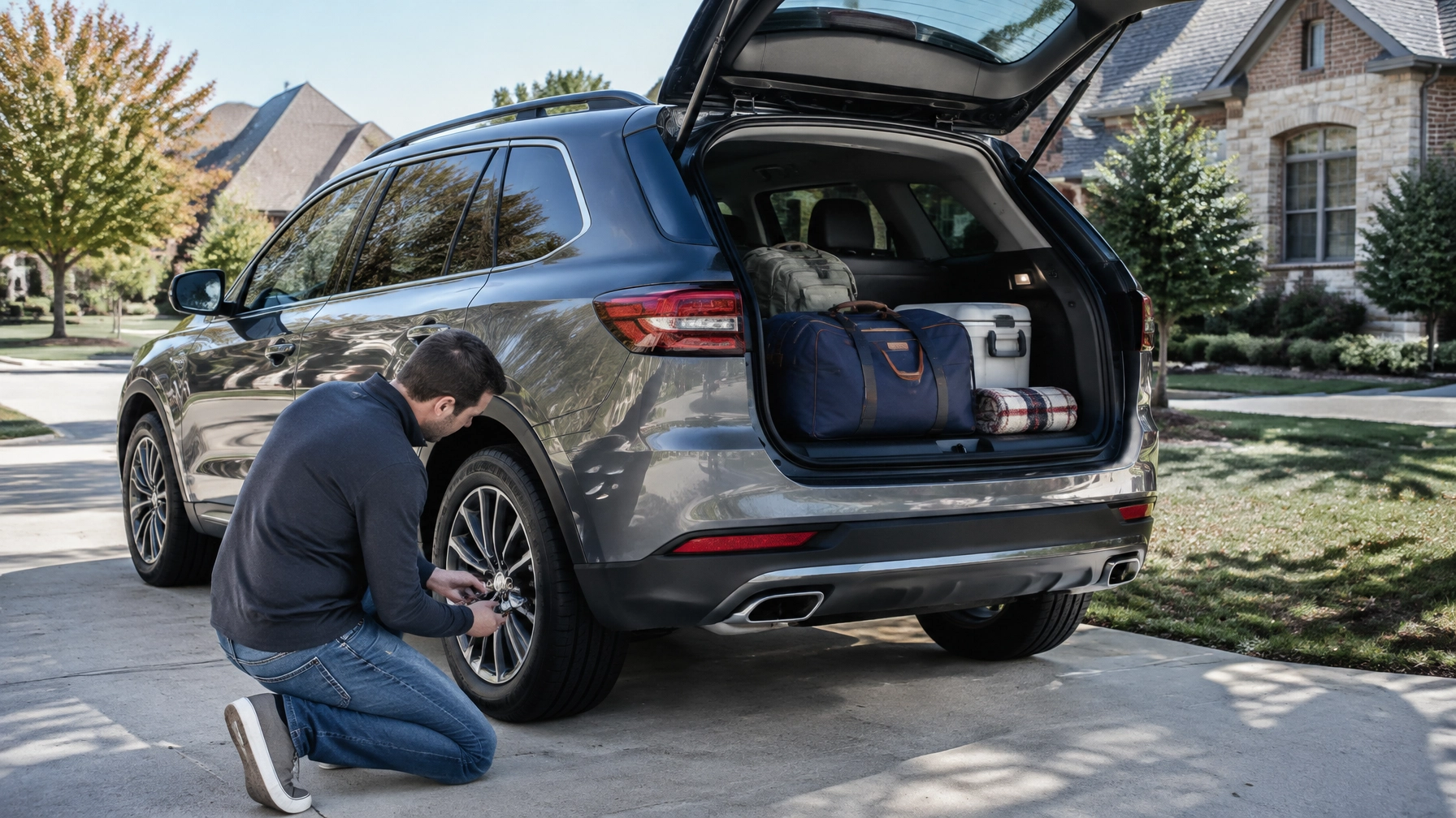 Man changing a car tire in a suburban neighborhood driveway.