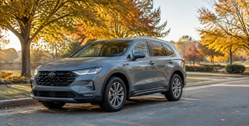 Modern SUV parked in autumn park, auto care, vehicle maintenance.