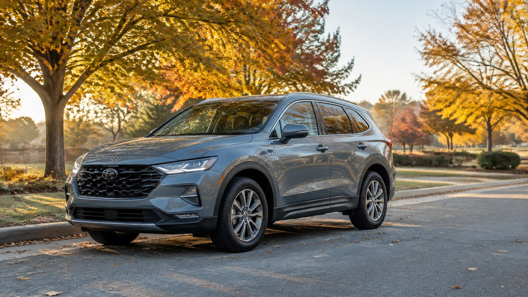 Modern SUV parked in autumn park, auto care, vehicle maintenance.