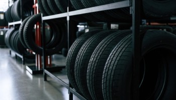 Stacked tires on display at Qwik Oil & Auto Care shop.