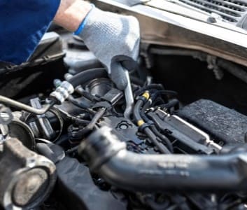 Skilled technician performing engine repair on a vehicle.