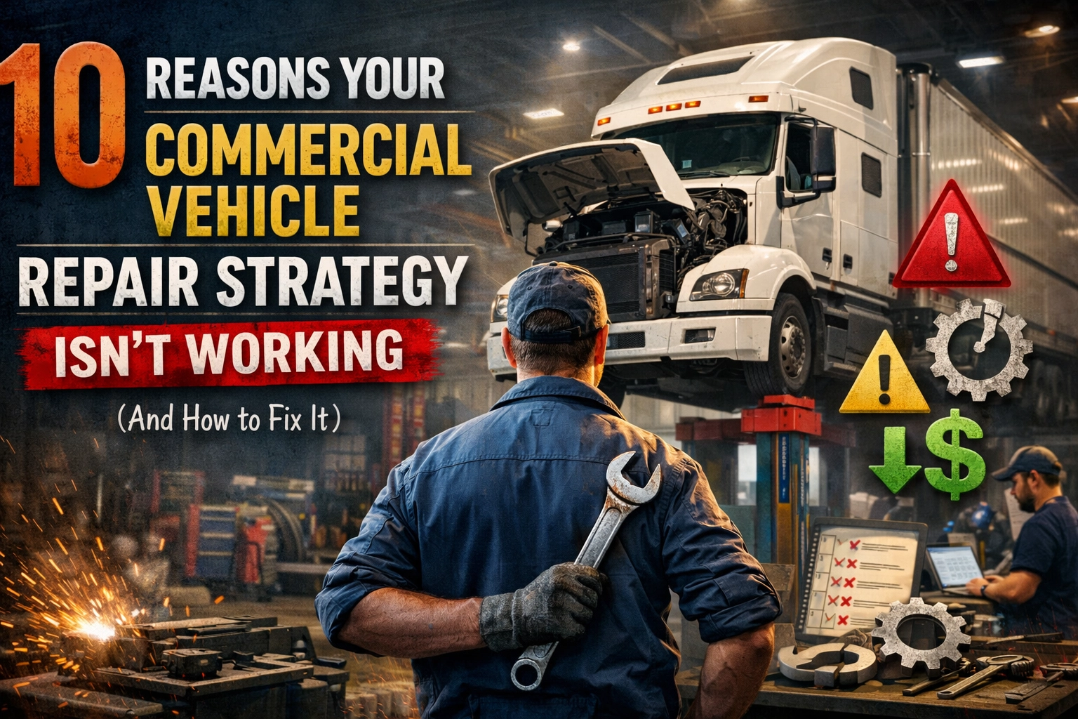 Commercial truck being repaired in a service garage with mechanics and tools.