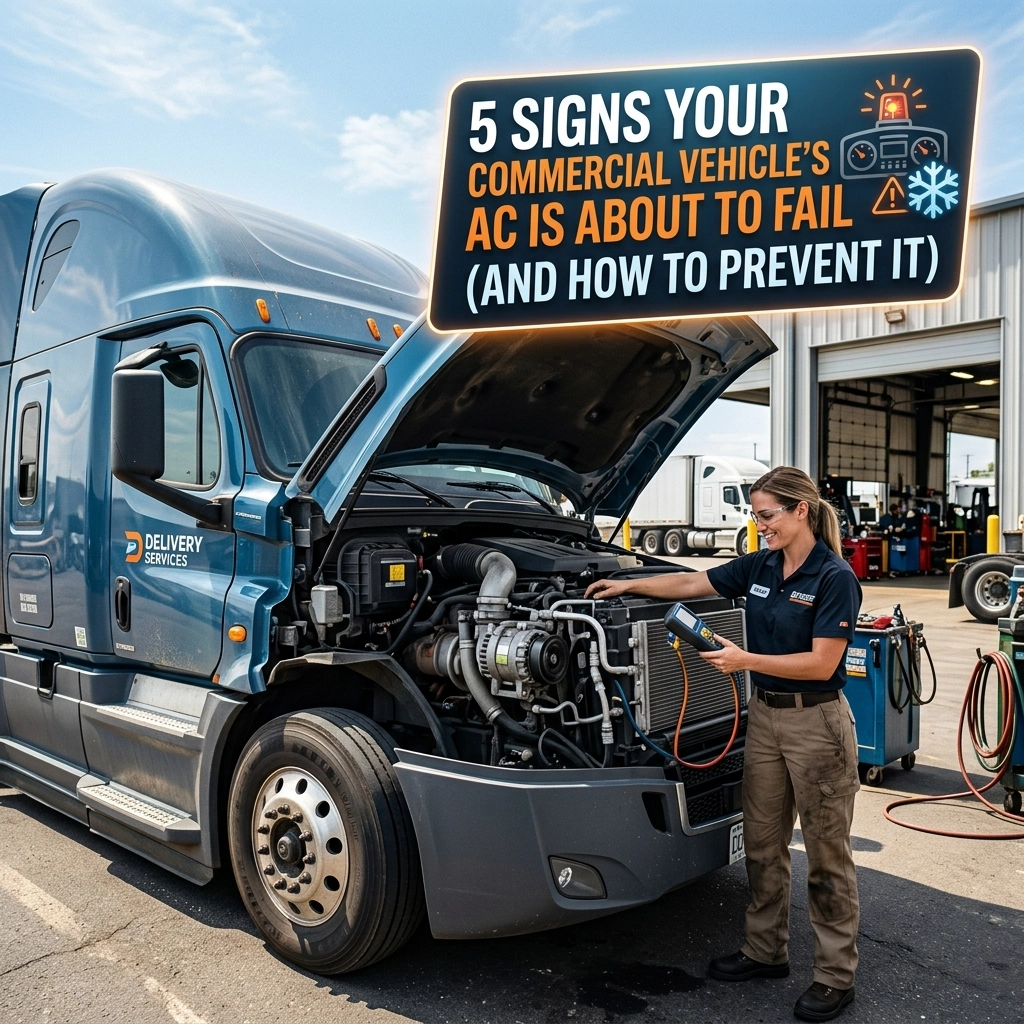 Technician inspecting a commercial truck's engine for AC issues at service center.