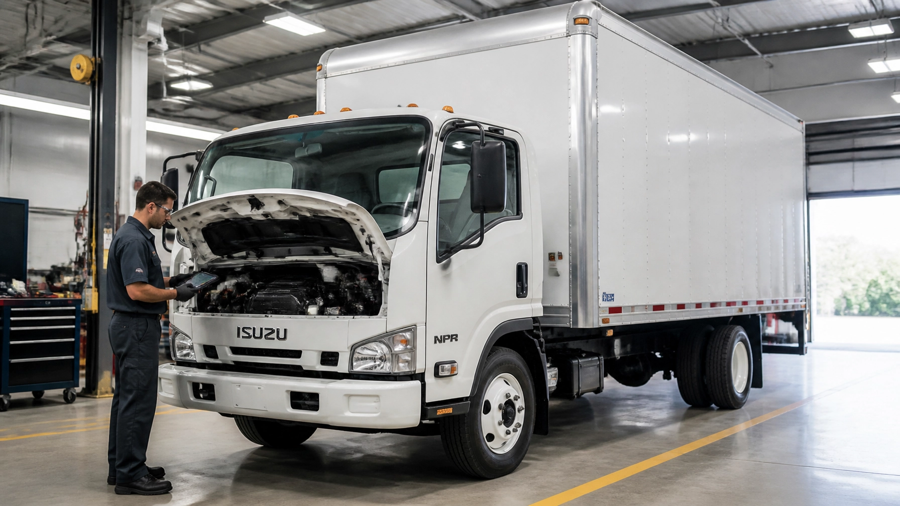 Technician inspecting a white Isuzu box truck in a service center.
