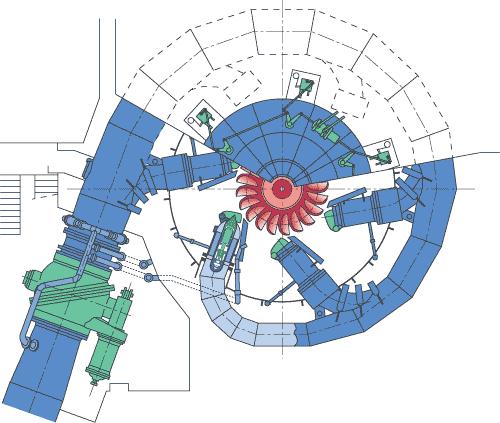Figure 3 &ndash; A six-spear-jet Pelton turbine