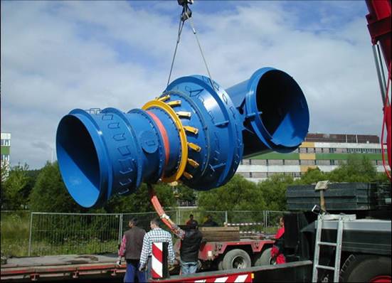 Figure 7 &ndash; Ossberger horizontal-axis Kaplan turbine being lifted into position