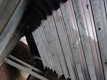 Inside the steel framework for the Coanda screens