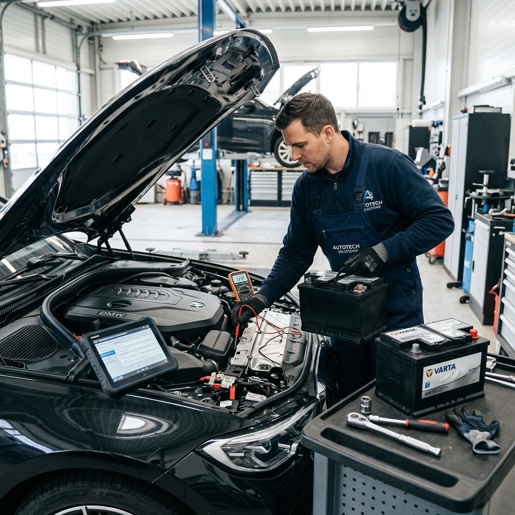 Automotive technician testing a car battery with diagnostic tools in a professional auto repair shop.
