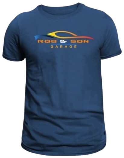 Blue T-shirt with Rob & Son Garage logo for merchandise.