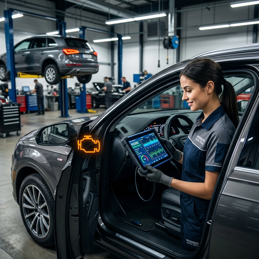 Female technician using diagnostic scanner on car in auto repair shop.