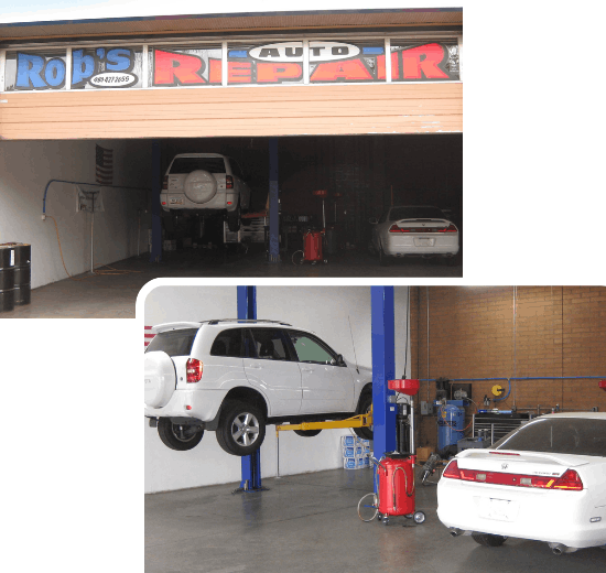 Auto repair shop with vehicles on lifts and in the garage bay, showcasing professional car maintenan.
