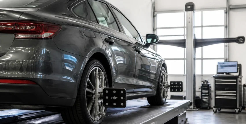 Vehicle undergoing wheel alignment service at Rob's Auto Repair shop.