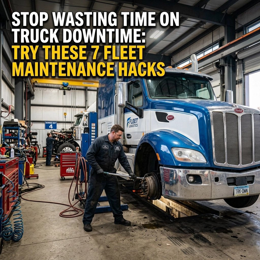 Professional mechanic inspecting a large truck in an auto repair shop for fleet maintenance.