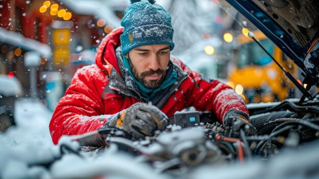 Man inspecting car engine in snowy outdoor setting.