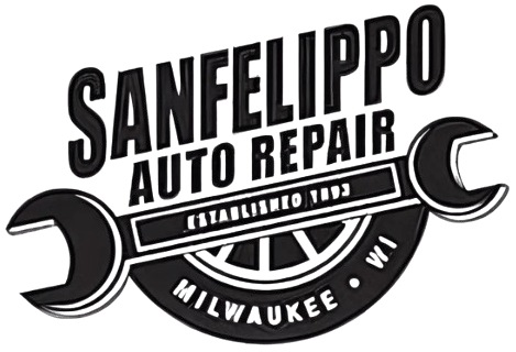 Sanfelippo Auto Repair shop logo with wrench and wheel graphic.