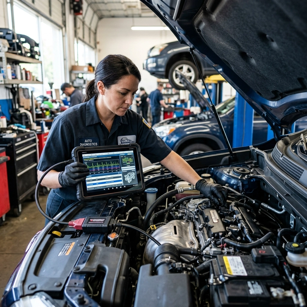 Auto repair technician using diagnostic tools on a car engine.