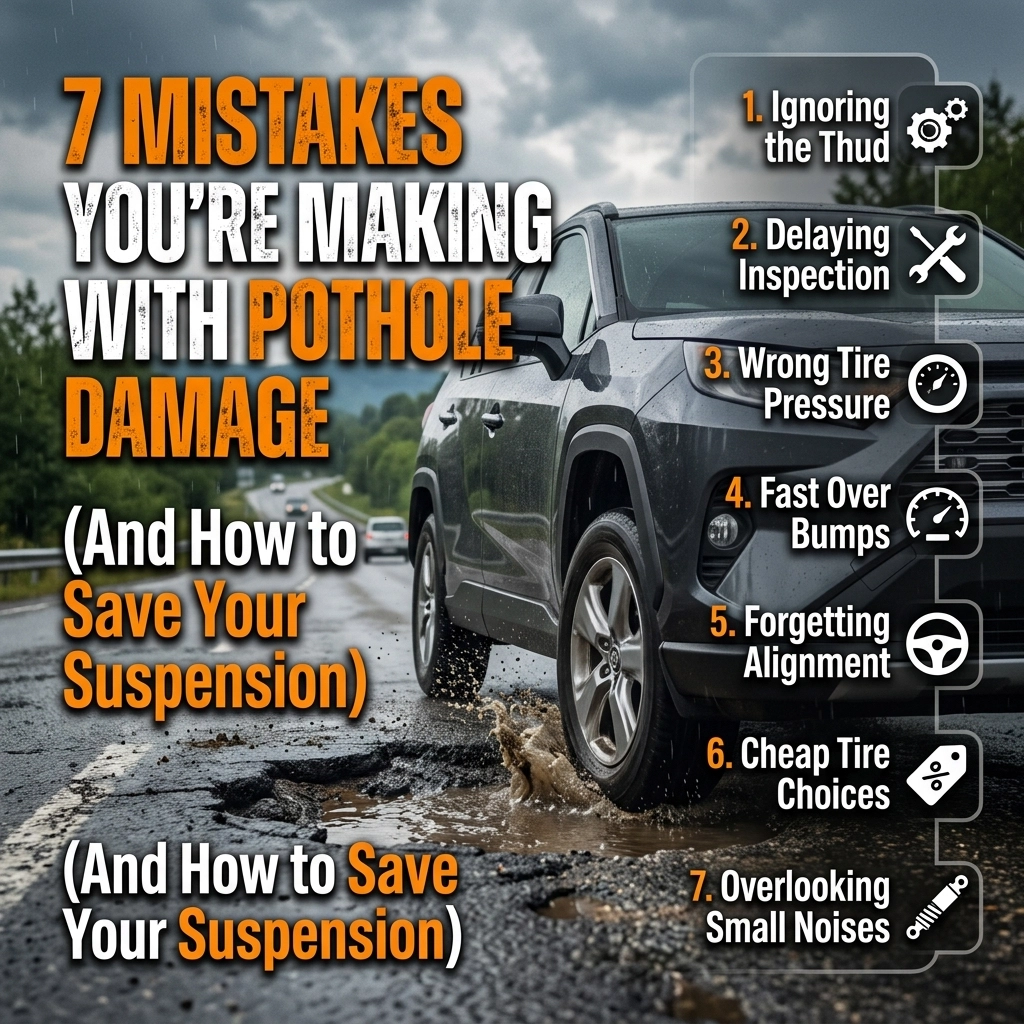 Auto repair image highlighting pothole damage mistakes and suspension tips.