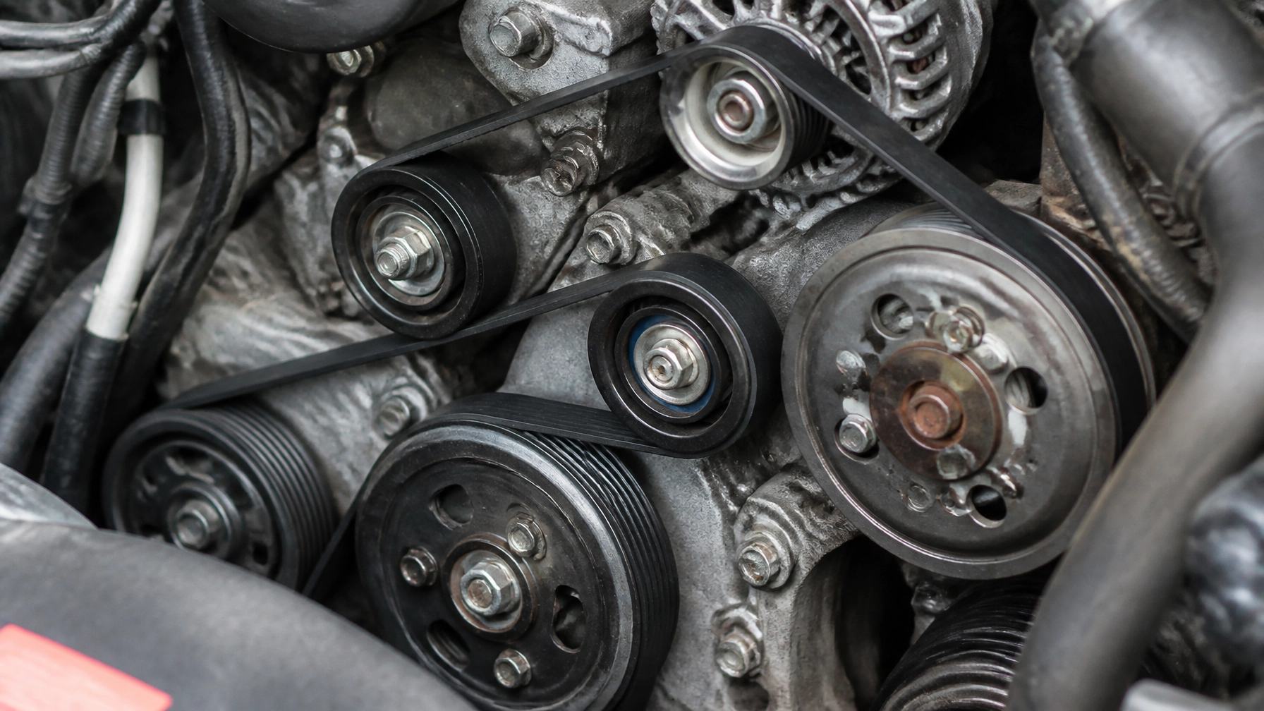 Engine belt and pulley system at Sanfelippo Auto Repair. Expert automotive service for engine mainte.