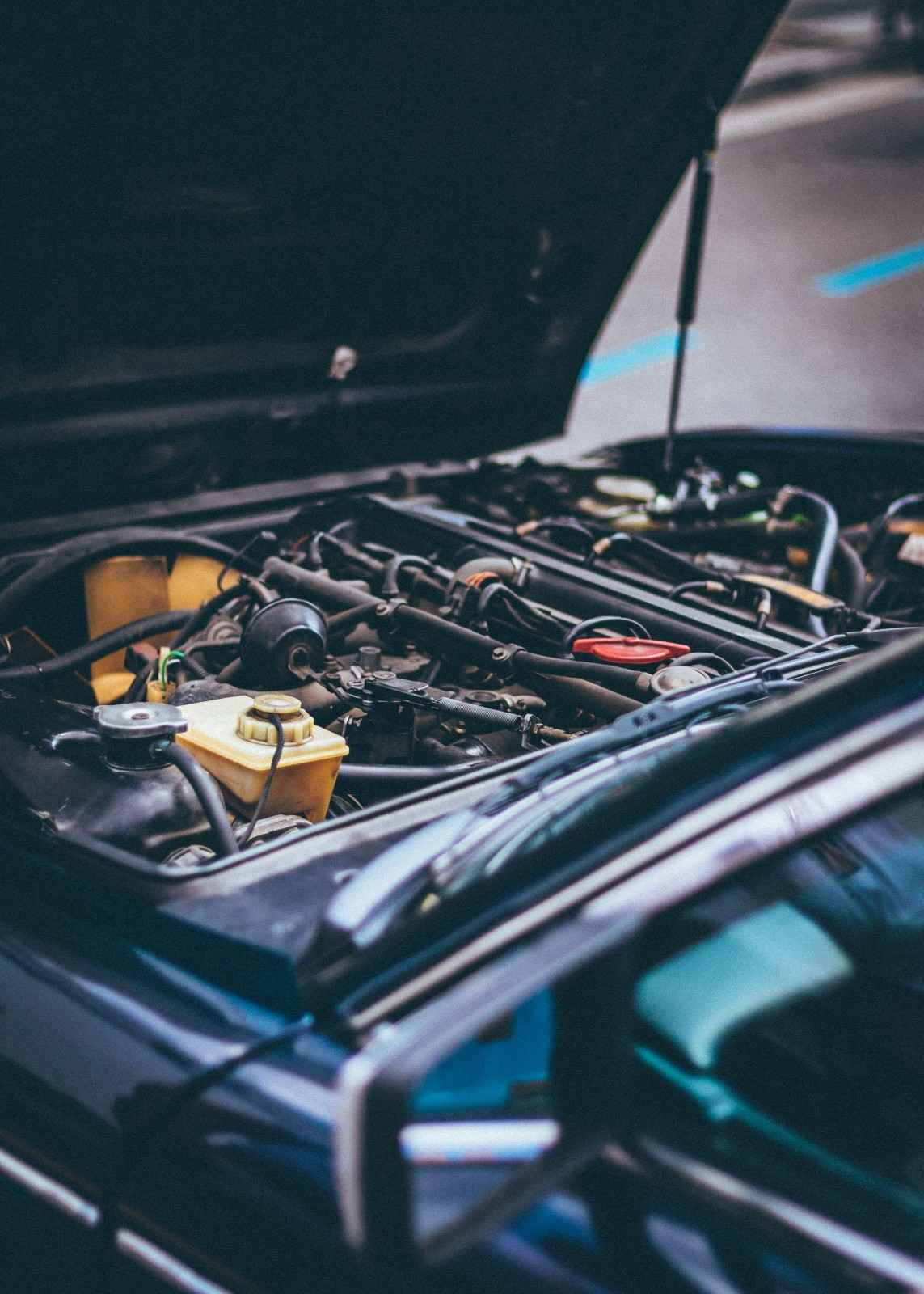 Car engine under hood at Sanfelippo Auto Repair for maintenance.