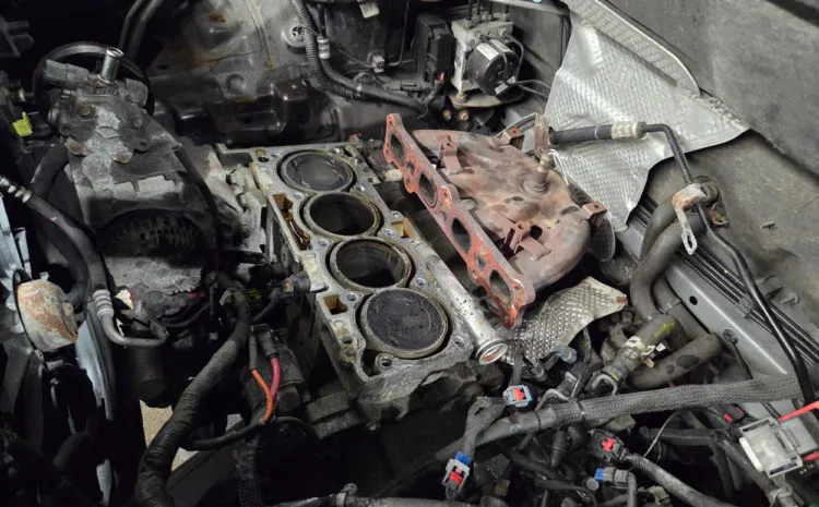 Engine cylinder bore view during Sanfelippo Auto Repair process showing pistons and head gasket.